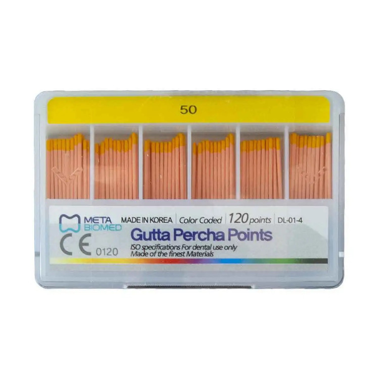 بستهبندی گوتا پرکا استریل Meta Gutta Percha Points با نوک رنگی و تیپر 0.02