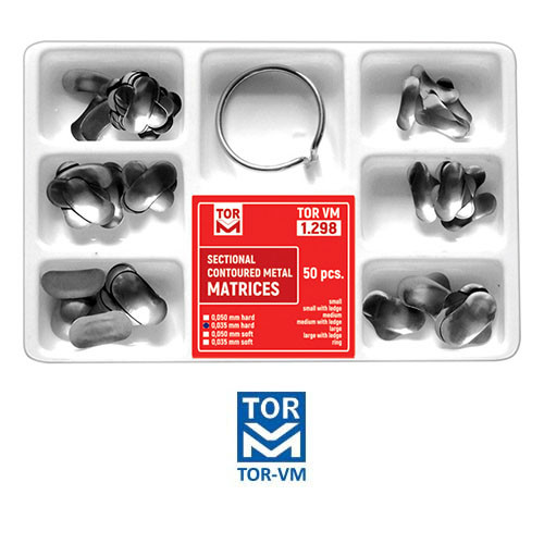 تمامی اجزای کیت سکشنال ماتریکس TORVM 1.298 شامل رینگ، نوارهای ماتریکس و کلمپ در جعبه