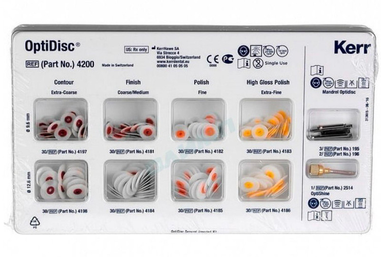 جعبه کیت ۲۴۰ عددی دیسک پرداخت OptiDisk General کرر که چهار ردیف دیسک با رنگهای مختلف زبری را نشان میدهد.