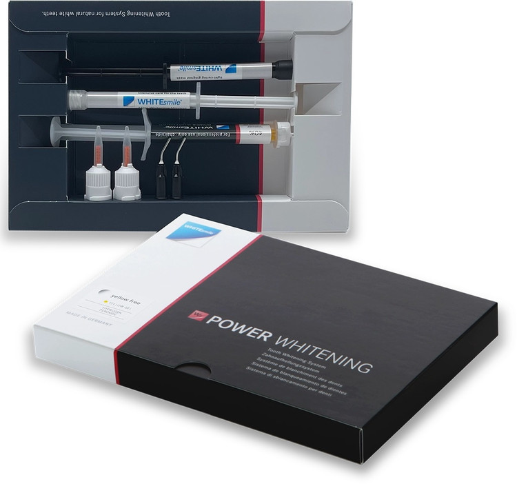 کیت بلیچینگ مطب White Smile Power Whitening با بستهبندی سرنگهای دوتایی.