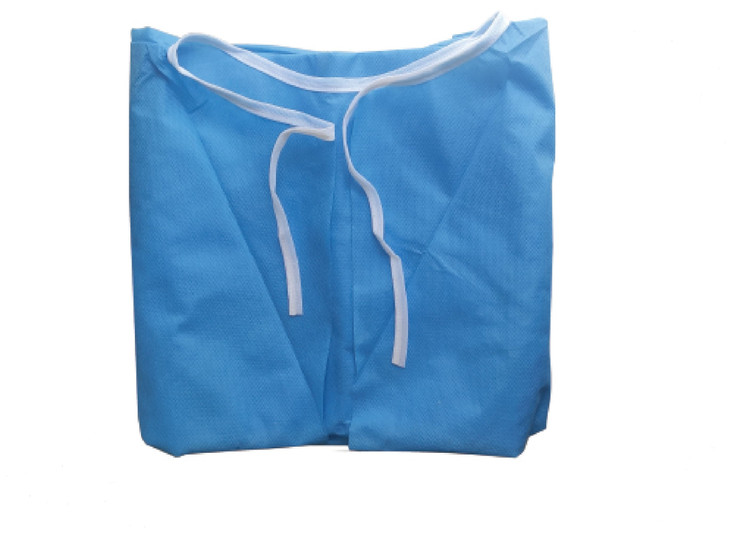 گان جراحی یکبار مصرف (Disposable Surgical Gown) به رنگ آبی یا سبز با آستینهای بلند و قابلیت گره زدن در پشت.