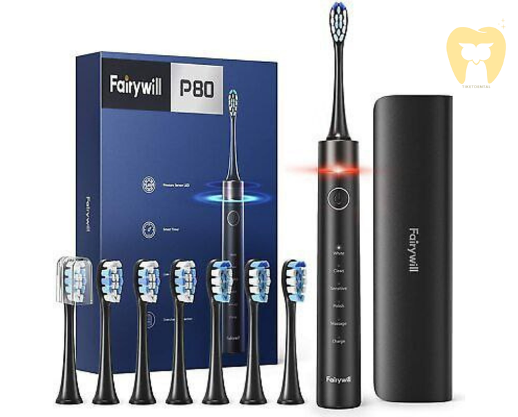 مسواک برقی Fairywill P80 با سنسور فشار پیشرفته و حلقه نوری قرمز.