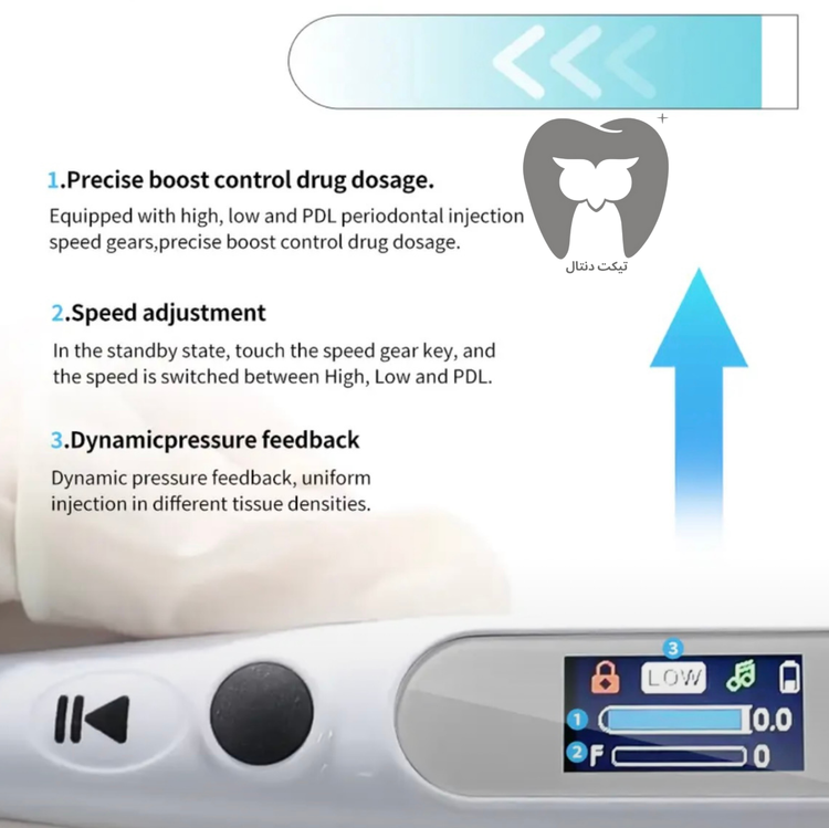 نمای نزدیک از سرسوزن و کارپول بی حسی در دستگاه تزریق دیجیتال با قابلیت ساکشن