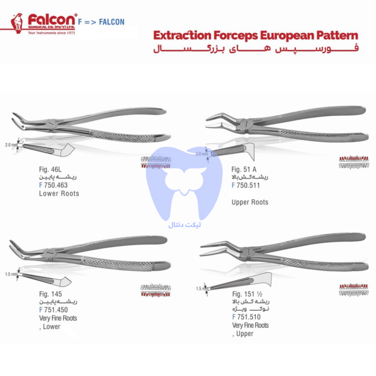 فورسپس بزرگسال فالکن با مهر "Surgical Grade Stainless Steel" و نشان برند Falcon.