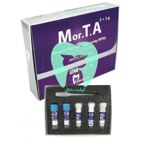 بستهبندی کامل کیت سمان Mor.T.A مروابن شامل پودر، مایع و پیپت.
