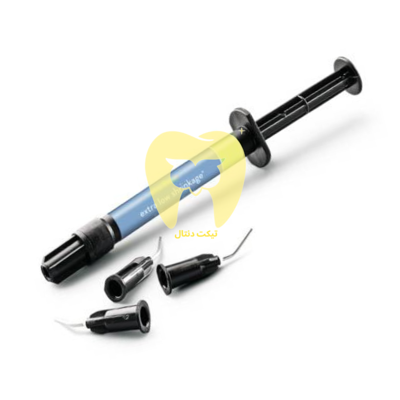 سرنگ کامپوزیت فلو Saremco ELS (Extra Low Shrinkage) با نوک بسیار نازک (Tip) در حال پر کردن یک حفره کوچک و باریک در دندان.