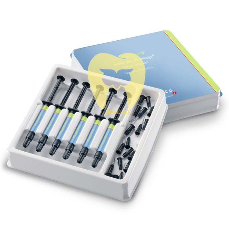 بستهبندی کامپوزیت فلو سارمکو (مانند ELS Flow) که ویژگیهایی چون حداقل انقباض و فاقد TEGDMA بودن را نشان میدهد.