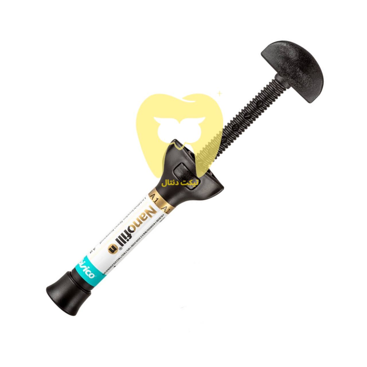 سرنگ کامپوزیت نانوهیبرید Bisico (بیزیکو) با شید A2، روی شیدباکس و ابزار قلم کامپوزیت.