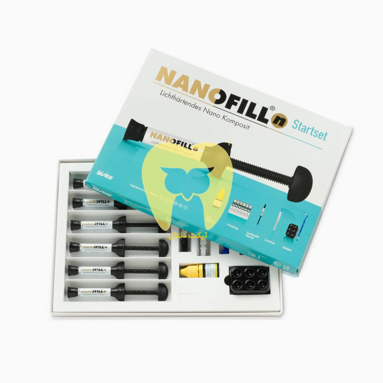 تصویر شماتیک دندان آسیاب (خلفی) که حفرههای آن با کامپوزیت نانوهیبرید بیزیکو ترمیم شده و تطابق عالی رنگ و فاقد شرینکیج را نشان میدهد.