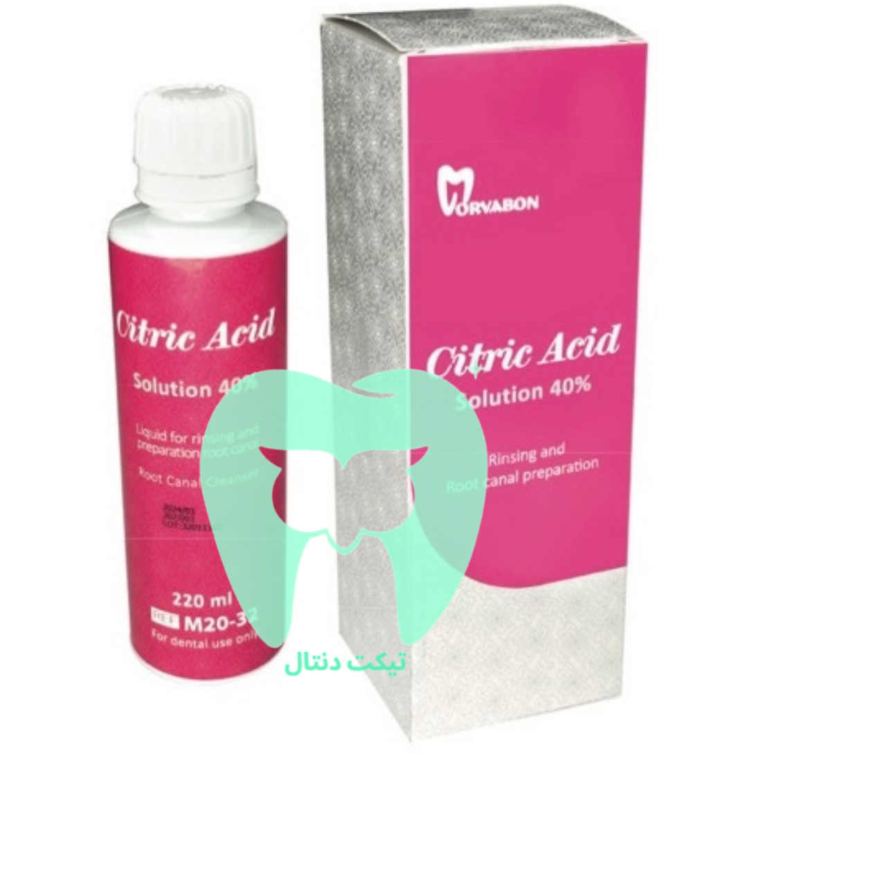 بسته‌بندی بطری محلول Citric Acid Solution 40% مروابُن مخصوص شستشوی کانال ریشه.