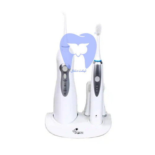دستگاه واترجت و مسواک اورال اریگیشن پایه دار زنیت مد مدل ZTH-5501A در حال استفاده.