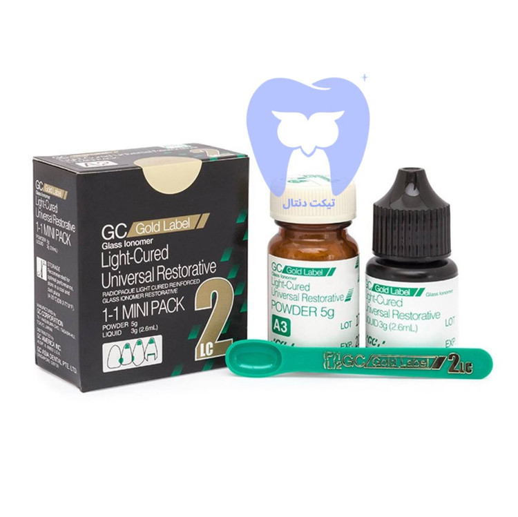 بستهبندی پودر و مایع (یا کپسول) سمان گلاس آینومر ترمیمی لایت کیور GC Fuji II LC Improved/Gold Label II LC.