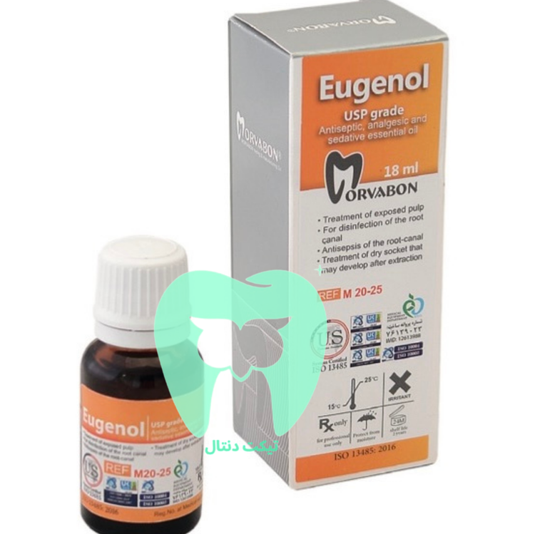 بطری ۱۸ میلیلیتری مایع اوژنول مروابن.